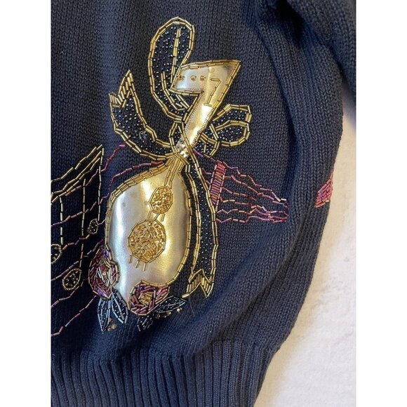 LIZI RUCH Musical Notes Violin Button Up Cardigan Sweater Womens M Black Vtg - Picture 10 of 16